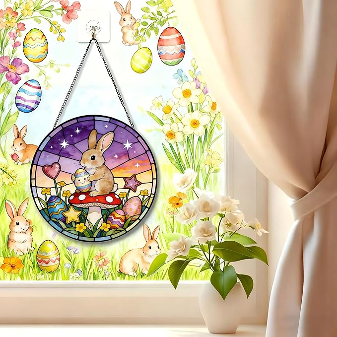 Funoasis Bunny Stained Glass Suncatcher - 6.3 Inches Easter Egg Rabbit and Mushroom Hanging Window Ornaments for Home Spring Decoration