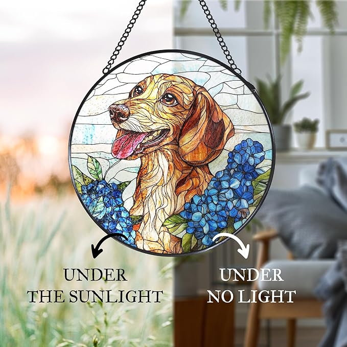Dachshund Hydrangea Stained Glass Window Hanging Suncatcher, Weiner Dog Sun Catcher Indoor Window, Dachshund Gifts for Women, Dog Painted Glass Round Wall Hanging Decorations, 7.8x7.8 in