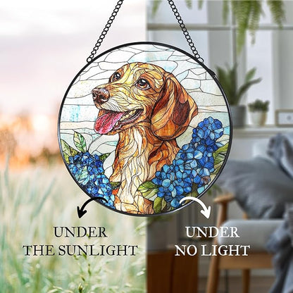 Dachshund Hydrangea Stained Glass Window Hanging Suncatcher, Weiner Dog Sun Catcher Indoor Window, Dachshund Gifts for Women, Dog Painted Glass Round Wall Hanging Decorations, 7.8x7.8 in