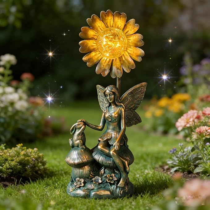Garden Solar Fairy Statue - Mushroom Seat, Touching Rabbit, Iron Flower Glass Ball, Whimsical Outdoor Ornament