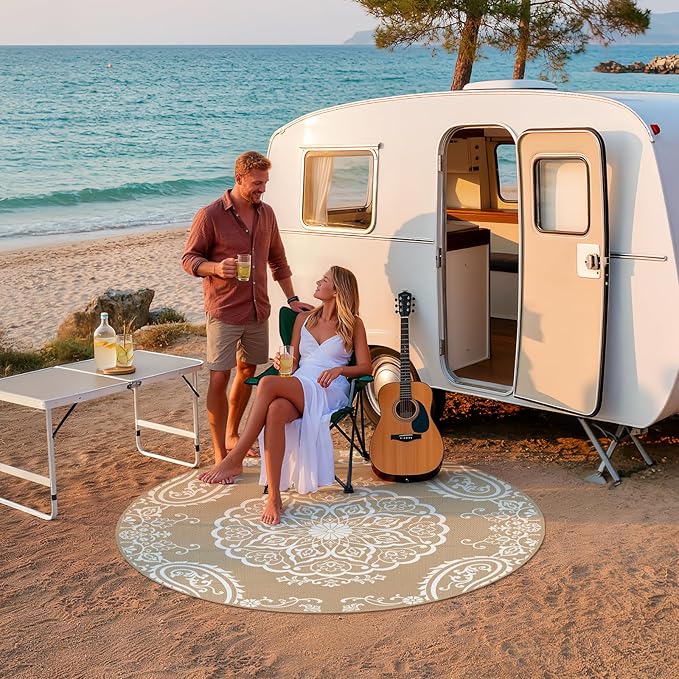 Pauwer Waterproof Outdoor Rug 6ft, Reversible Plastic Straw Patio Camping Rug, Indoor Outdoor RV Mat Carpet for Deck, Camper, Porch, Balcony, Backyard, Picnic, Boho Brown