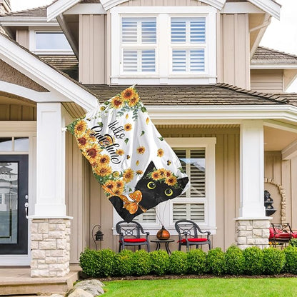 SENSEVEN Spring Summer Sunflowers Black Cat Flags for Outside 3x5 Ft, Summer Bees Yard Flag, Cute Kitten Hello Sunshine Floral Flag Seasonal Welcome Outdoor Banner for Porch Farmhouse Decor