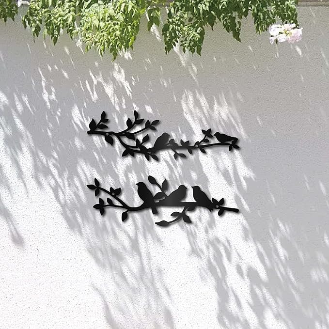 CREATCABIN 2Pcs Bird Metal Wall Decor Birds on Branch Vine Olive Wall Art Rustic Black Wall Hanging Sculpture Home Decor Sign Ornament for Home Balcony Garden Living Room Indoor Outdoor 11.8x3.9Inch