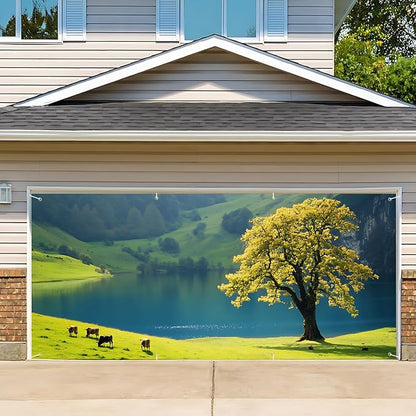 13x6 ft Lakeside Lone Tree Garage Door Banner - Serene Lake with Single Tree Backdrop, Hanging Garage Decorations - for Peaceful Garden or Patio Decor, Tranquil Outdoor Wall Sign