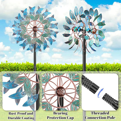 66 Inch Metal Outdoor Wind Spinner, 2-Way Wind Sculpture Spinner with Metal Stake, Waterproof 360 Degrees Kinetic Windmill Art Decoration for Patio Garden Lawn (A- Vintage Blue)