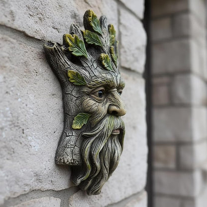 Old Man Tree Face Hugger Outdoor Decor, Handmade Tree Art Resin Statue with Leaf & Root Details, Whimsical Hanging Yard Art for Garden Wall Fence