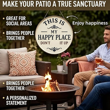 Happy Place – Vintage Statement Metal Sign Round Rustic Wall Decor Funny Garden Sign “This Is My Happy Place Please Respect The Vibe” Metal Hanging Plaque for Front Door Home Office Kitchen (1PCS, 12 * 12in)