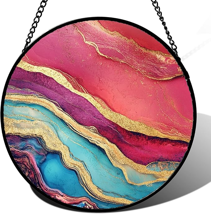 CHATYOUNG Stained Glass Window Hanging Abstract Red Gold 6.3" - Suncatcher Door Garden Sunroom Sun Catcher Decor Housewarming Christmas Birthday for Mom Grandma Nana Woman Home Owner Friend