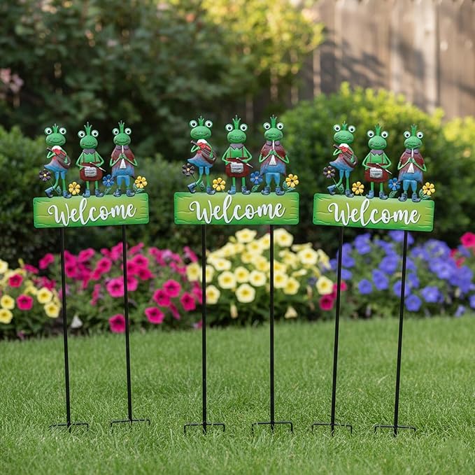 Frog Garden Stakes Decorative Large 41.7inch with Welcome Yard Sign, Whimsical Musical Frogs for Garden Decor Metal Yard Art Outdoor