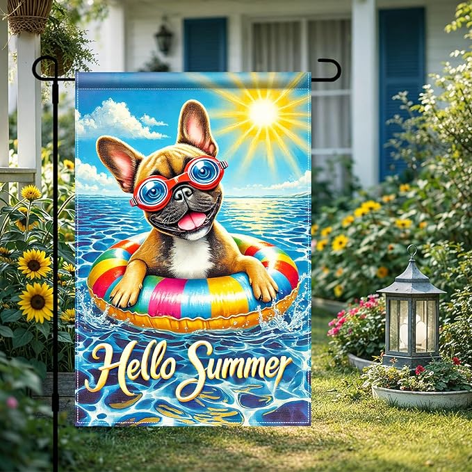 HOMETITUTE Hello Summer Garden Flag French Bulldog 12x18 Vertical Double Sided Pool Party Welcome Summer Yard Garden Flag Seasonal Holiday Outdoor Decorative Flag for Patio Lawn