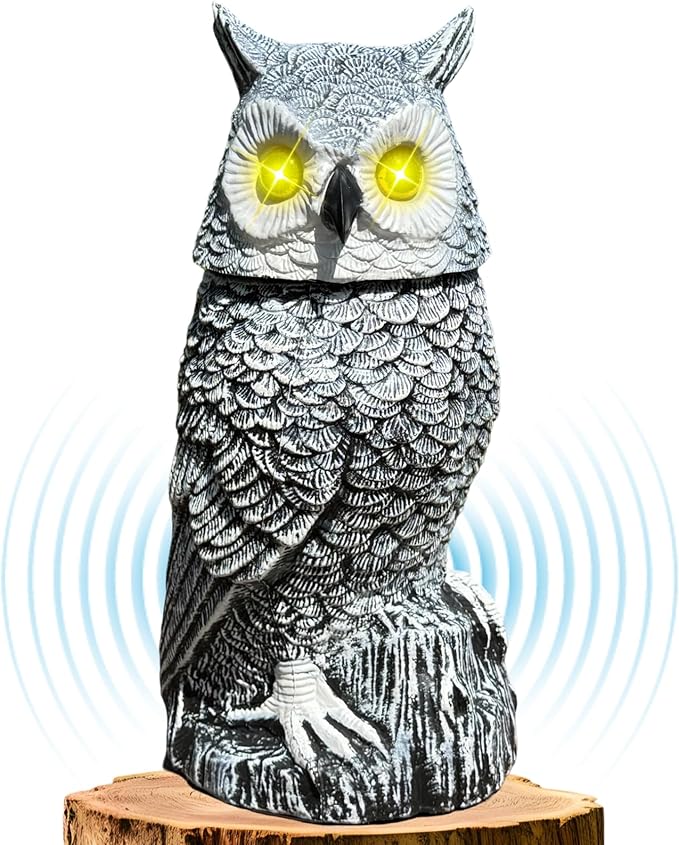 Solar Powered Snow Owl with Glowing Eyes, Rotatable Head, Realistic Hoots, Detection and Silent Mode, Garden Sculpture, Decoration for Home, Garden, Patio and Lawn
