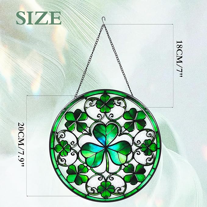 Ireland Green Lucky Clover Stained Glass Window Hanging Suncatcher with Chain - 7.9" Irish Shamrock Outdoor/Indoor Art Decor for Home Garden, St. Patrick's Day, Mother's,Ornaments Present