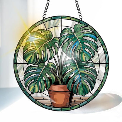 VAIIEYO Monstera Leaf Sun Catcher Stained Glass Window Hanging Ornament, Monstera Plant Sun Catcher Decoration, Plant Lover Decor, Plant Lover Gifts, Mother's Day Birthday Housewarming Gift 7.8 inch
