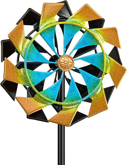 59 Inch Kinetic Wind Spinner Outdoor, Double Blade Wind Sculpture with 5 Prong Base, Garden Metal Pinwheel for Yard Lawn Patio Decor(Colorful)