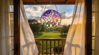 Funoasis Bunny Stained Glass Suncatcher - 6.3 Inches Easter Egg Rabbit and Mushroom Hanging Window Ornaments for Home Spring Decoration