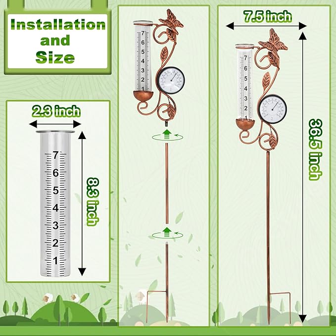 Butterfly Rain Gauge Garden Decor, 32" Thermometer Patio Decor, 7" Capacity Rain Gauge Replacement Tube Glass, Outdoor Temperature Patio Decor