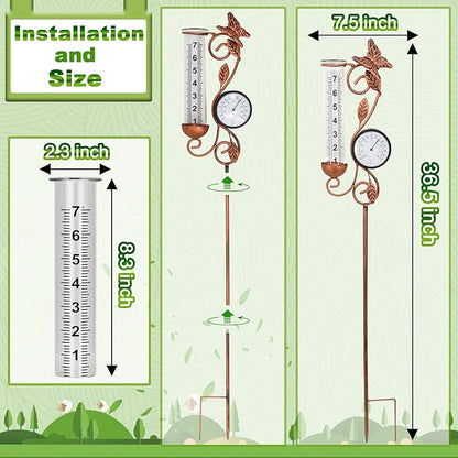 Butterfly Rain Gauge Garden Decor, 32" Thermometer Patio Decor, 7" Capacity Rain Gauge Replacement Tube Glass, Outdoor Temperature Patio Decor
