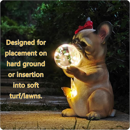 Solar Garden Dog Statue, French Bulldog Garden Statue with LED Bubble and Butterfly, Detachable Outdoor Decorative Stake, Waterproof Yard Decor for Patio, Lawn, Porch, Holiday and Birthday Gifts
