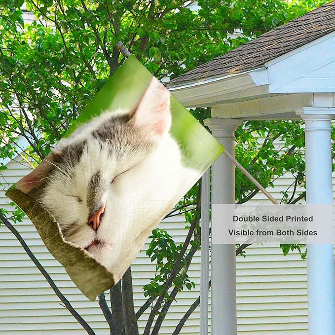 Mugod Sleepy Cat House Flags for Outdoor Decoration, Lovely Cat Face Cute Animal Large Yard Flag Burlap Banner 28 x 40 Double Sided Seasonal Flag Outside