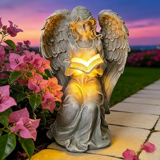 Solar Garden Outdoor Angel Book Statues,Book Lovers for Balcony Patio Lawn Table Yard Ornaments, Solar Resin Fairy Waterproof LED Lights,Birthday Gifts for Women Mom Grandma