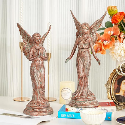 Sungmor Vintage Cast Iron Angel Statue - Rustic Decorative Figurine for Garden, Shelf or Mantel - 15.3" Tall Heavy Duty Patina Finish, Indoor/Outdoot Angel Sculpture