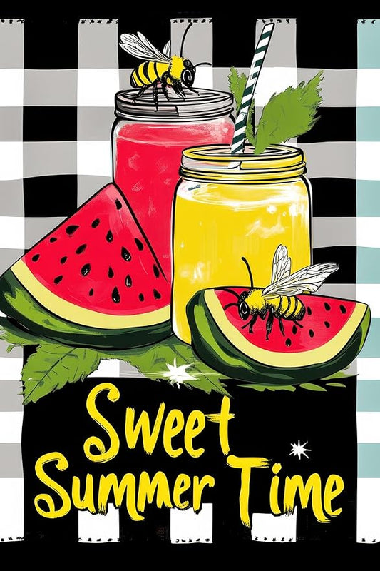 BlissYard Sweet Summer Time Garden Flag Watermelon Buffalo Plaid Lemon Welcome Small Flags for Outside Double Sided Juice Seasonal Banner Farmhouse Outdoor Yard Decoration 12x18 Inch