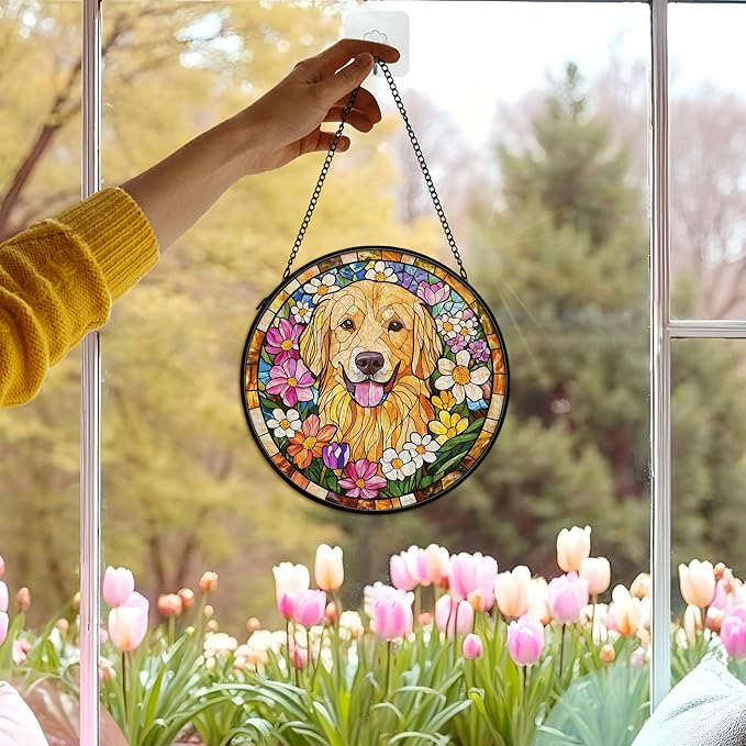 Golden Retriever Dog Suncatcher Stained Glass Window Hanging Decor Ornaments, Golden Retriever Dog Memorial Sun Catchers Wall Art Gifts, Floral Flower Garden Stained Glass Decor, 7.9x7.9In