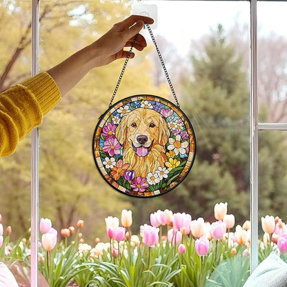 Golden Retriever Dog Suncatcher Stained Glass Window Hanging Decor Ornaments, Golden Retriever Dog Memorial Sun Catchers Wall Art Gifts, Floral Flower Garden Stained Glass Decor, 7.9x7.9In
