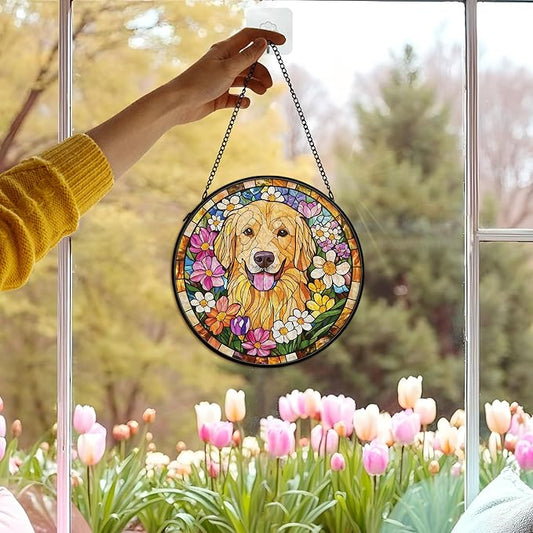 Golden Retriever Dog Suncatcher Stained Glass Window Hanging Decor Ornaments, Golden Retriever Dog Memorial Sun Catchers Wall Art Gifts, Floral Flower Garden Stained Glass Decor, 7.9x7.9In
