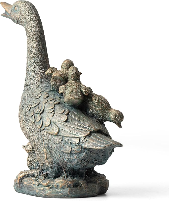 Glitzhome Bronze Duck Garden Statue, 15" H Faux Family of 4 with Mother and Three Babies, Hand-Painted Resin & Stone Outdoor Decor for Yard, Patio, Spring Landscape