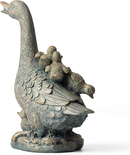 Glitzhome Bronze Duck Garden Statue, 15" H Faux Family of 4 with Mother and Three Babies, Hand-Painted Resin & Stone Outdoor Decor for Yard, Patio, Spring Landscape