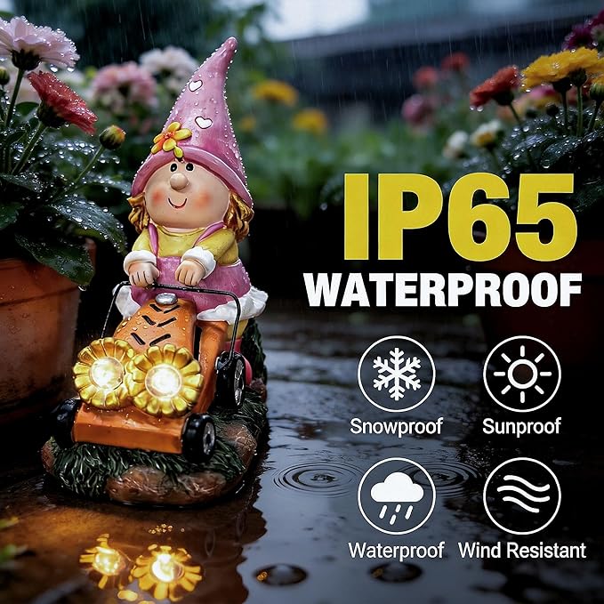 Solar Gnomes Decorations for Fairy Garden Accessories, Fairies Gnome Riding Lawn Mower Figurines for Proch Yard Lawn Outdoor Decor, Mother's Day Unique Gifts for Women