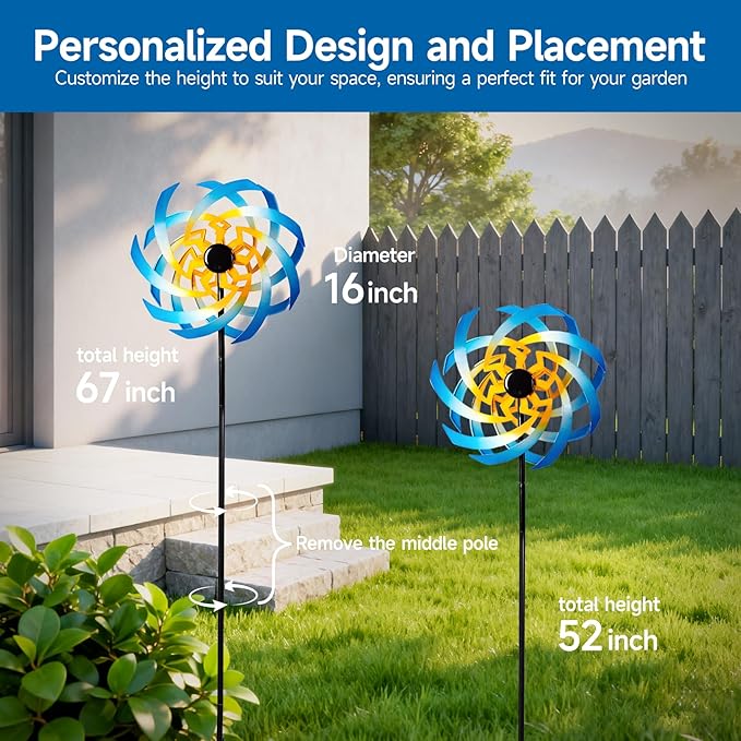 Wind Spinners Outdoor Garden Decor, 360°Metal Kinetic Wind Sculpture Spinner, 16W*76H inch Windmill for Yard, Patio, Backyard, Garden Gifts for Women