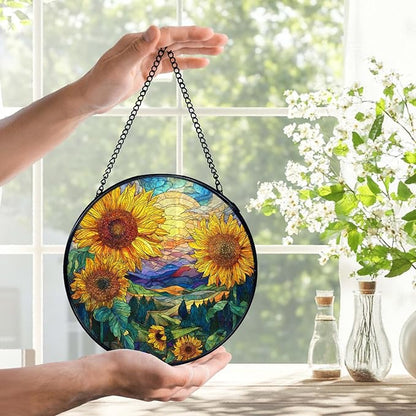 Sunflower Suncatchers Stained Glass Window Hanging, Rustic Cottagecore Flower Sun Catchers Indoor Window Glass Round Wall Decor, Sunflower Wall Hanging Decorations, 7.9x7.9in