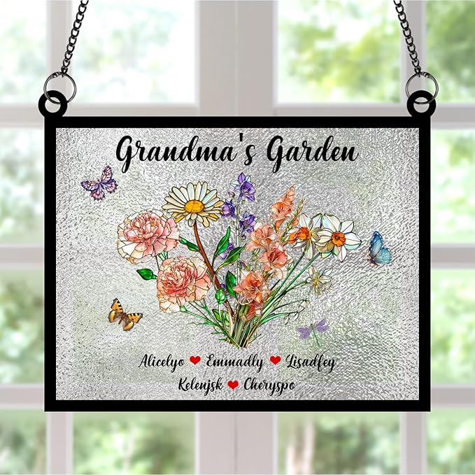 Personalized Grandmas Garden Stained Glass Suncatchers, Custom Name Birth Month Flowers Window Hanging Ornament, Mothers Day Christmas Birthday Gifts for Grandma Mom Nana Mimi (Rectangle 2)