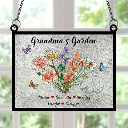 Personalized Grandmas Garden Stained Glass Suncatchers, Custom Name Birth Month Flowers Window Hanging Ornament, Mothers Day Christmas Birthday Gifts for Grandma Mom Nana Mimi (Rectangle 2)