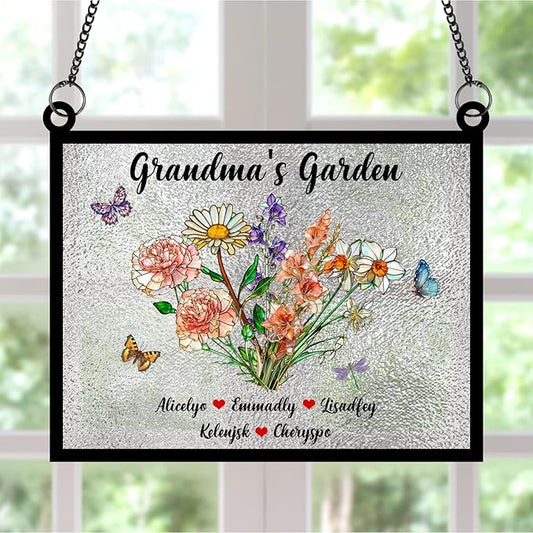 Personalized Grandmas Garden Stained Glass Suncatchers, Custom Name Birth Month Flowers Window Hanging Ornament, Mothers Day Christmas Birthday Gifts for Grandma Mom Nana Mimi (Rectangle 2)
