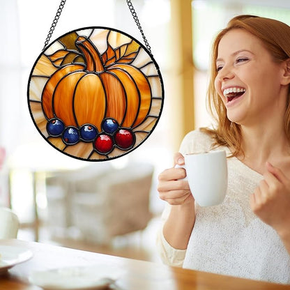 DASTOLL Stained Glass Window Hanging Fall Pumpkin Berries 6.3" - Suncatcher Door Garden Kitchen Sunroom Sun Catcher Autumn Home Decor Birthday for Mom Grandma Men Woman