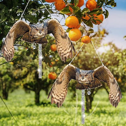 Owls to Keep Birds Away: 3 Pack Fake Owls with Reflective Tape for Garden Patio Tree, Bird Scare Reflective Hanging Decoration to Keep Birds Pigeon from Windows Tree Garden