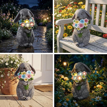 PETAFLOP Solar Powered Rabbit Garden Light, Bunny Holding Flower with Warm White LED, Outdoor Decor for Yard, Pathway, Lawn, Patio, Balcony