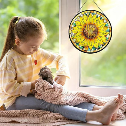 Christian Sunflower Stained Glass Window Hanging, 7.9" Inspirational Bible Verse Sun Catcher Glass Panel, Sunflower Decor Hand Painted Round Wall Art, Religious Gifts for Women, Mom, Wife