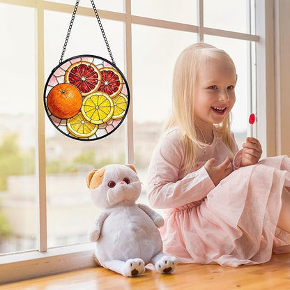 Orange Lemon Suncatchers Stained Glass Window Hanging, Lemon Kitchen Decor, Orange Gifts for Women, Summer Fruit Sun Catchers Indoor Window Glass Round Wall Decor, 7.9x7.9in
