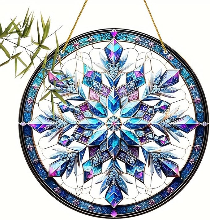 Banax Snowflake Hanging Stained Glass for Windows,23cm/9 inch Hand-Painted Sun Catcher Garden Hangings Christmas Mother's Day, Valentine's Day Ornaments Festival Gift
