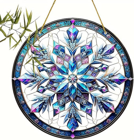 Banax Snowflake Hanging Stained Glass for Windows,23cm/9 inch Hand-Painted Sun Catcher Garden Hangings Christmas Mother's Day, Valentine's Day Ornaments Festival Gift