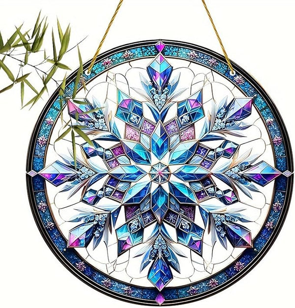 Banax Snowflake Hanging Stained Glass for Windows,23cm/9 inch Hand-Painted Sun Catcher Garden Hangings Christmas Mother's Day, Valentine's Day Ornaments Festival Gift