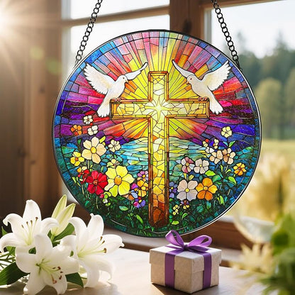 8'' Cross Stained Glass Ornament, Religious Suncatcher, Christian Window Hanging Decor, Easter Decor, Gifts for Christmas, Religious Gift, Christian Gift