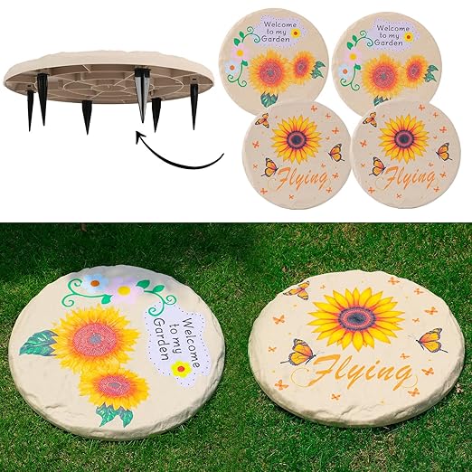 4Pcs Large Stepping Stones Outdoor Garden Walkway, Durable Plastic Pavers for Patio, Pathway, and Landscaping, Weatherproof Stepping Stones with Ground Stakes for Easy Installation (Round Sunflower)