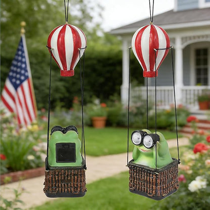 Solar Hot Air Balloon Frog Hanging Garden Statue with Lantern, Cute and Funny Figurine Solar Light Garden Outdoor Waterproof Decoration, Beautifully Crafted Birthday Gifts for Mom or Dad