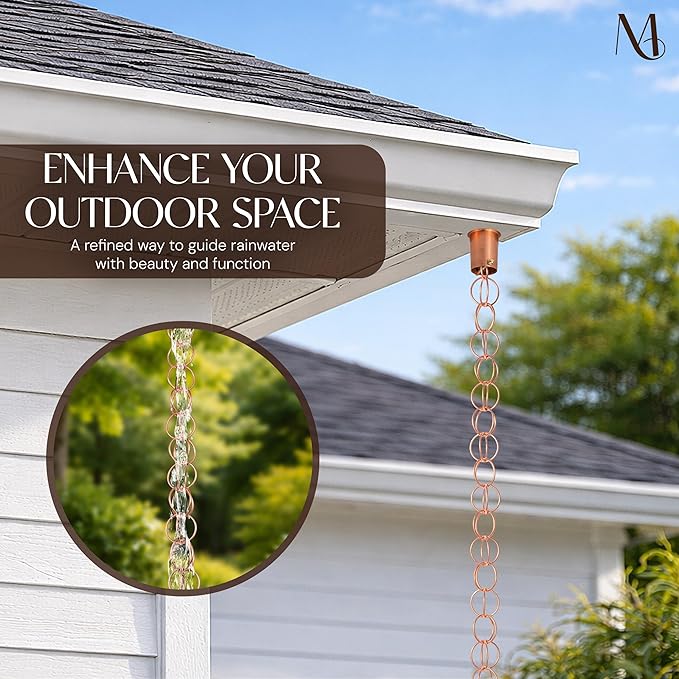 Monarch Rain Chains Pure Copper Ring Rain Chains for Gutters – 8.5 ft Decorative Rainchain Outdoor Durable Heavy Duty Gutter Chain Downspout Replacement, Modern Rainchains for Outside