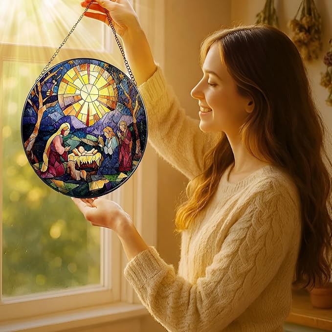 8'' Nativity Stained Glass Suncatcher, Window Hanging Decor, Religious Christmas Ornament, Christian Holiday Decor, Christian Gifts, Religious Gifts, Gift for Christmas
